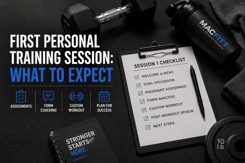 First personal training session what to expect — MacFitt assessments, form coaching, custom workout, and next steps