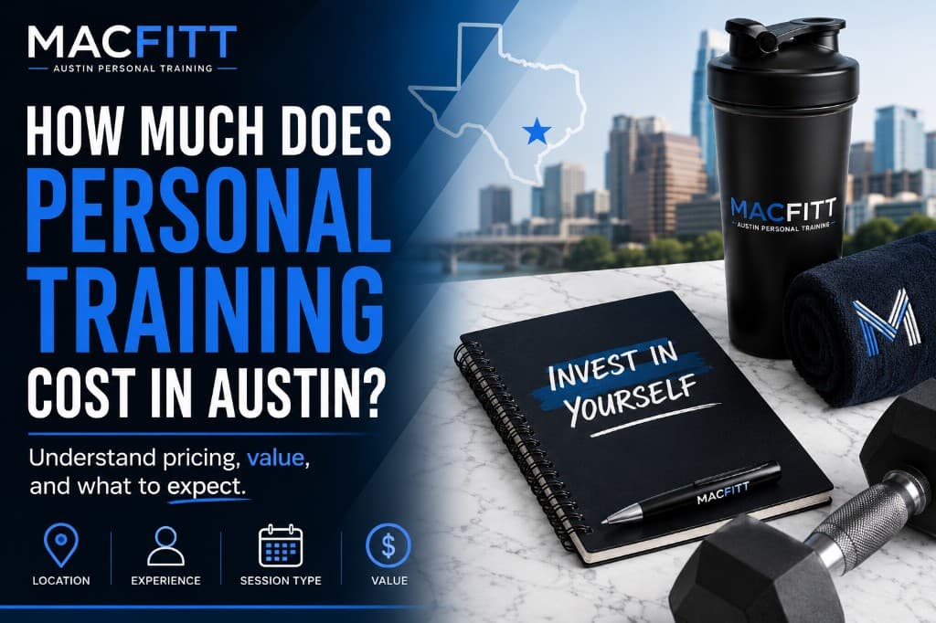 How much does personal training cost in Austin — MacFitt pricing guide graphic with Austin skyline