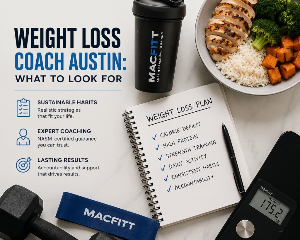 Weight loss personal trainer Austin — MacFitt sustainable habits, strength training, and nutrition coaching for fat loss