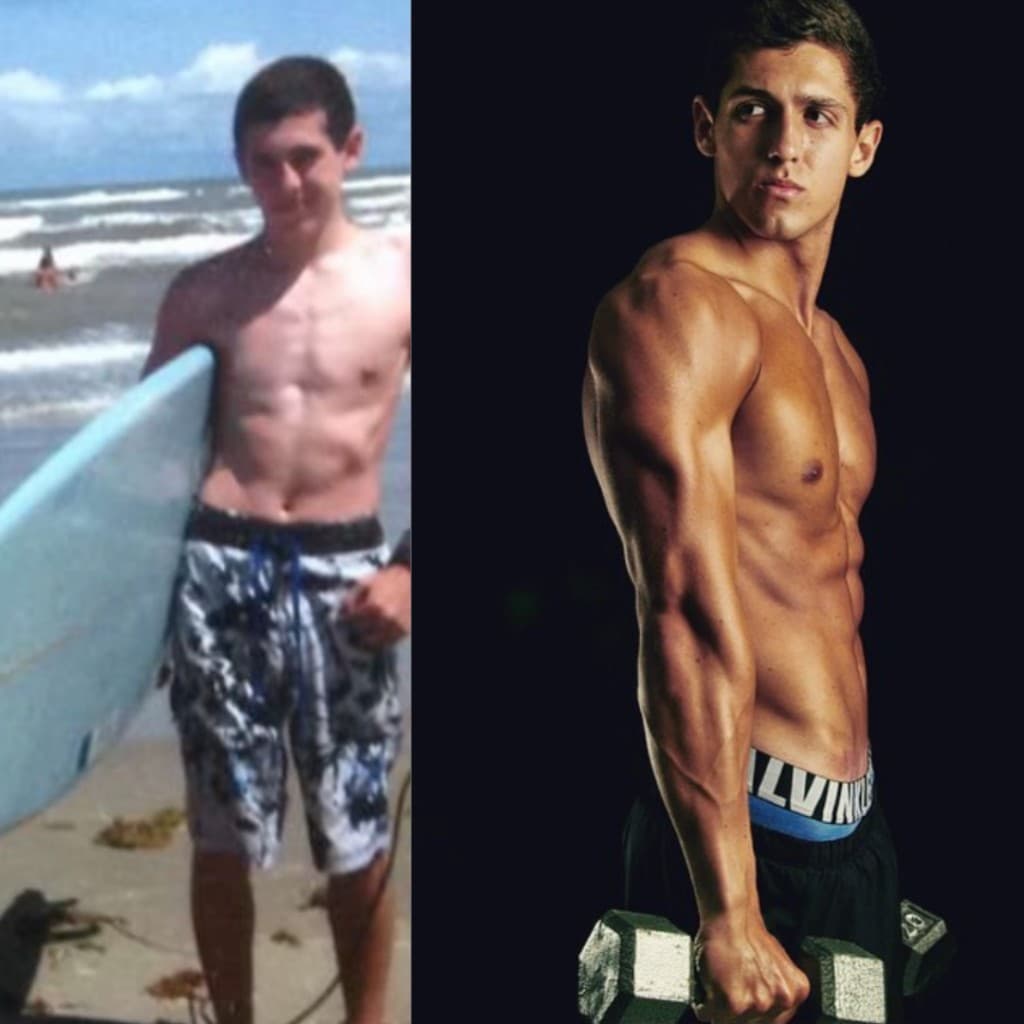 Jack McNamara before and after building muscle — skinny teenager at the beach compared to lean muscular physique with dumbbell