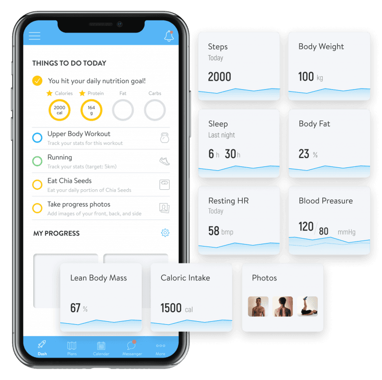 Built For Life client app dashboard showing daily workouts, nutrition targets, progress tracking, and health metrics